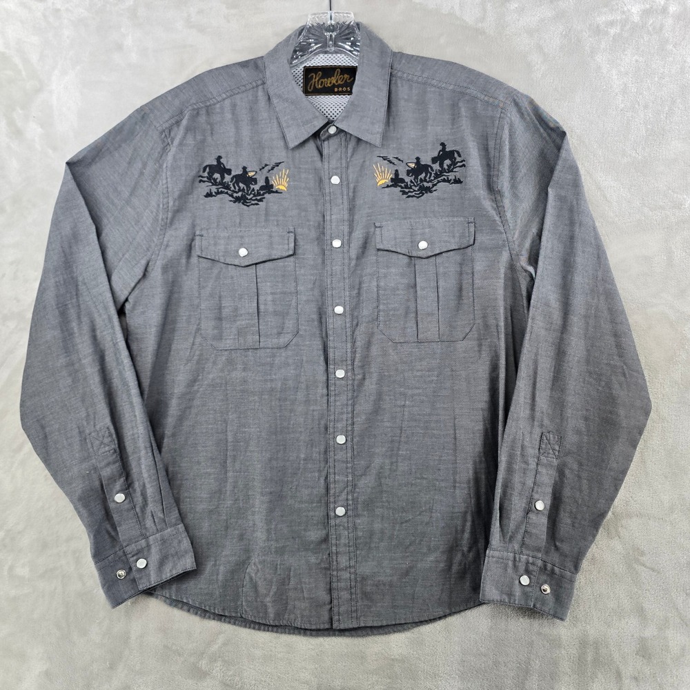 Howler Bros Western Shirt Men's Medium Gaucho Pearl Snap Surf Cowboy Sunset